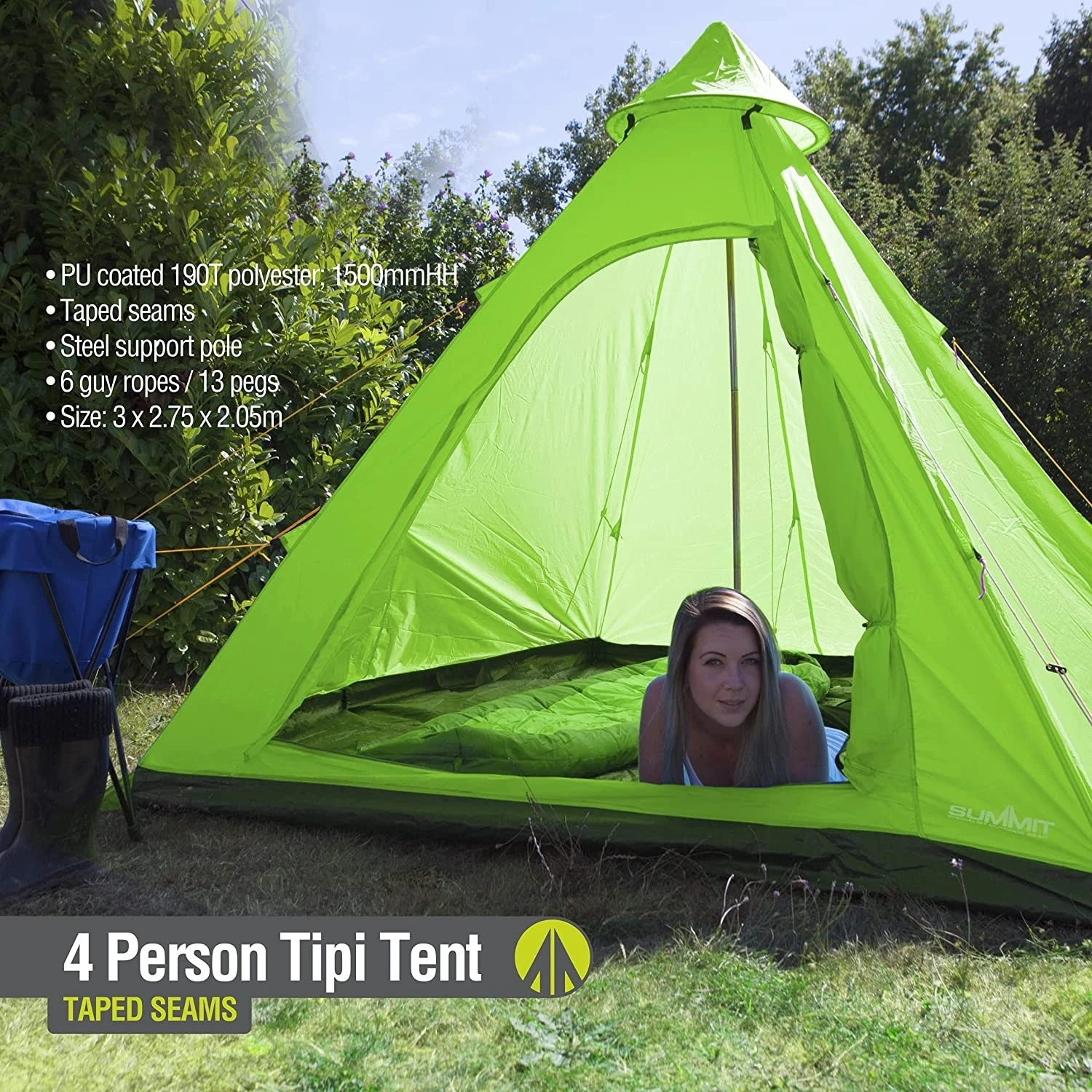 Summit Camping Festival 4 Person Hydrahalt Tipi Tent - GREEN 571046G 3 Summit Camping Festival 4 Person Hydrahalt Tipi Tent - GREEN 571046G - Image 3